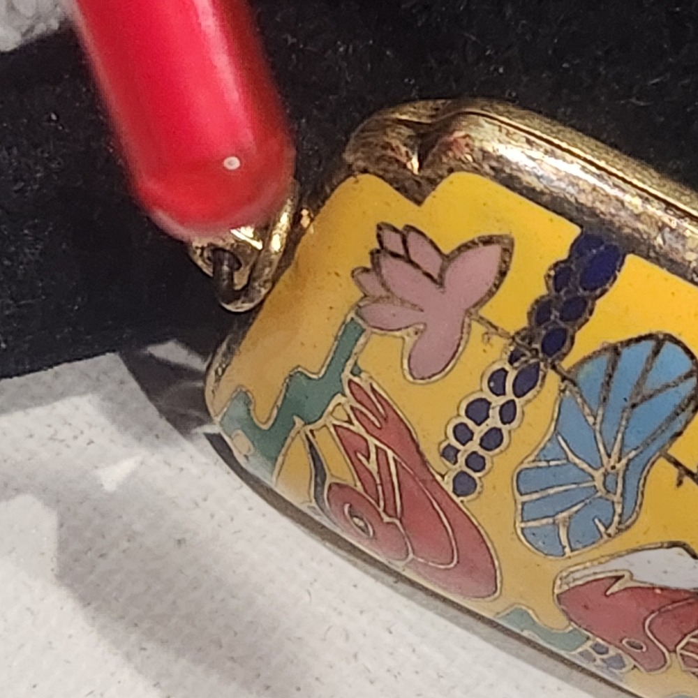 Vintage Cloisonne Locket‎ Pendant Mandarin Duck Lotus  Yellow Gold Tone - Picture 6 of 13